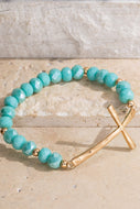 8755 Beautiful Glass Bead Stretch Bracelet Metal Textured Cross Accent TURQ/GLD