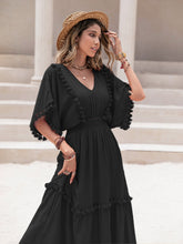 Load image into Gallery viewer, Tassel Trim Smocked V-Neck Short Sleeve Dress
