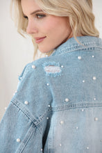 Load image into Gallery viewer, Distressed Pearl Trim Button Up Denim Jacket
