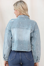 Load image into Gallery viewer, Distressed Pearl Trim Button Up Denim Jacket
