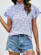 Ditsy Floral Mock Neck Flounce Sleeve Blouse