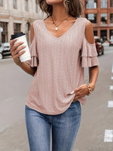 Load image into Gallery viewer, Eyelet V-Neck Cold Shoulder Blouse
