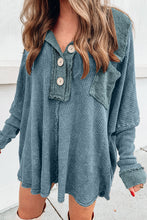Load image into Gallery viewer, Waffle Knit Buttoned Long Sleeve Top with Breast Pocket
