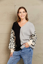 Load image into Gallery viewer, Woven Right Leopard Color Block V-Neck Tunic Pullover Sweater
