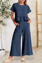 Load image into Gallery viewer, Peplum Round Neck Short Sleeve Top and Pants Set
