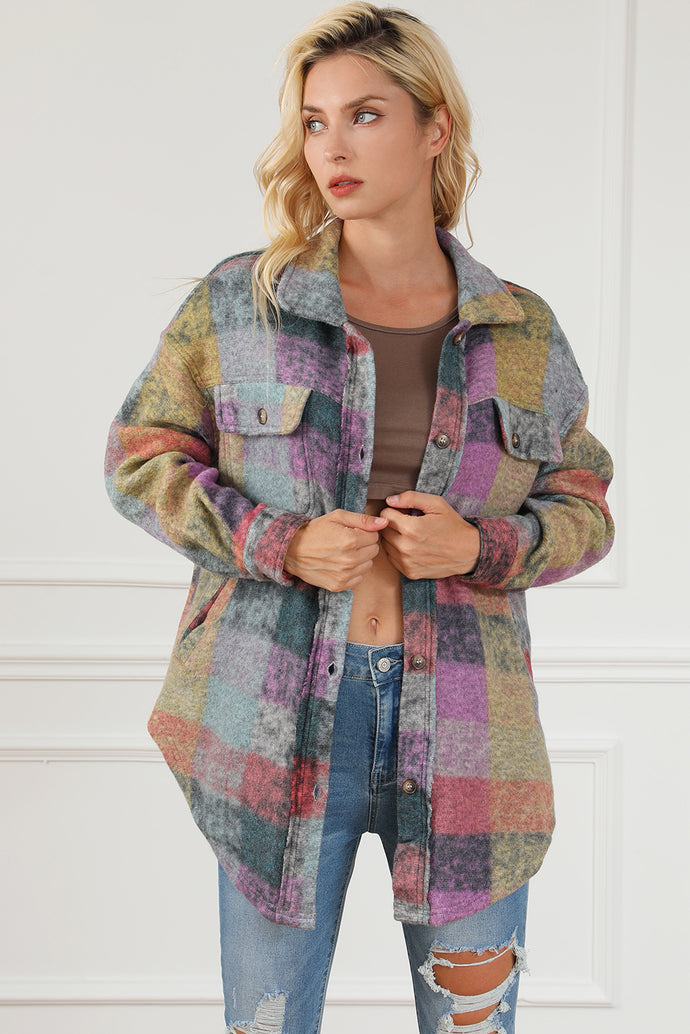 11279 Plaid Collared Neck Button Front Jacket