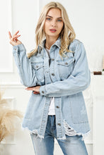 Load image into Gallery viewer, Distressed Button Up Frayed Hem Denim Jacket
