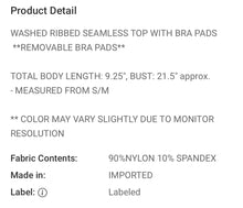 Load image into Gallery viewer, Zenana WASHED RIBBED SEAMLESS TOP WITH BRA PADS
