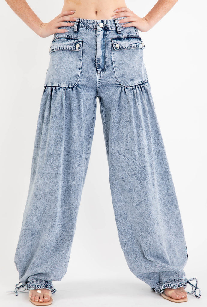 5736 BIG POCKETS TIE HEM WIDE DENIM PANTS