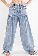5736 BIG POCKETS TIE HEM WIDE DENIM PANTS