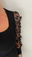Long Sleeve Ribbed Blouse Sheer Sleeve Floral Detail