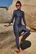 Load image into Gallery viewer, Slit Mock Neck Long Sleeve Top and Pants Swim Set
