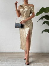 Load image into Gallery viewer, Slit One Shoulder Short Sleeve Midi Dress
