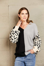 Load image into Gallery viewer, Woven Right Leopard Color Block V-Neck Tunic Pullover Sweater

