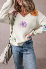 Load image into Gallery viewer, Crochet Flower V-Neck Long Sleeve Sweater
