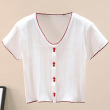 Load image into Gallery viewer, Contrast Decorative Button Short Sleeve Knit Top
