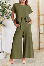 Load image into Gallery viewer, Peplum Round Neck Short Sleeve Top and Pants Set
