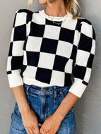 Plaid Round Neck Three-Quarter Sleeve Sweater