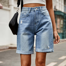 Load image into Gallery viewer, Distressed Buttoned Denim Shorts with Pockets
