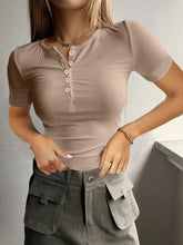 Load image into Gallery viewer, Round Neck Quarter Button Short Sleeve Top
