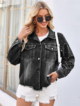 Load image into Gallery viewer, Pearl Trim Raw Hem Denim Jacket
