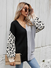 Load image into Gallery viewer, Woven Right Leopard Color Block V-Neck Tunic Pullover Sweater
