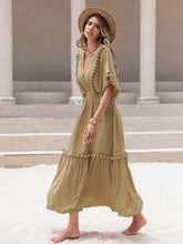Load image into Gallery viewer, Tassel Trim Smocked V-Neck Short Sleeve Dress
