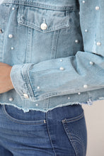 Load image into Gallery viewer, Distressed Pearl Trim Button Up Denim Jacket
