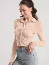 Load image into Gallery viewer, Ruched Button Up Long Sleeve T-Shirt
