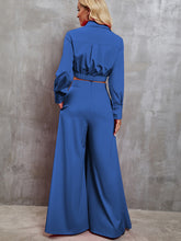 Load image into Gallery viewer, Collared Neck Long Sleeve Top and Wide Leg Pants Set
