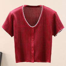 Load image into Gallery viewer, Contrast Decorative Button Short Sleeve Knit Top
