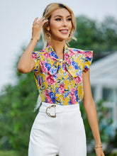 Load image into Gallery viewer, Ruffled Printed Tie Neck Cap Sleeve Blouse
