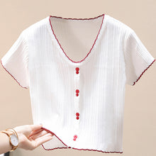 Load image into Gallery viewer, Contrast Decorative Button Short Sleeve Knit Top
