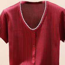 Load image into Gallery viewer, Contrast Decorative Button Short Sleeve Knit Top
