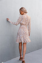 Load image into Gallery viewer, Printed V-Neck Tie Belt Ruffle Hem Mini Dress
