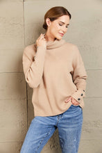 Load image into Gallery viewer, Woven Right Button Detail Rib-Knit Turtleneck Sweater
