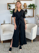 Load image into Gallery viewer, Double Take Full Size V-Neck Tie Front Short Sleeve Slit Jumpsuit
