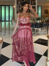 Load image into Gallery viewer, Sequin Sweetheart Neck Ruffle Trim Mesh Dress
