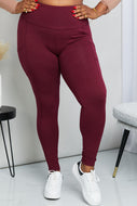 Zenana Ready to Roll Full Size Wide Waistband Pocket Leggings in Burgundy