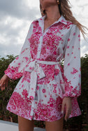 Printed Belted Balloon Sleeve Mini Shirt Dress