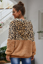 Load image into Gallery viewer, Spliced Leopard Drawstring Zip-Up Teddy Hoodie
