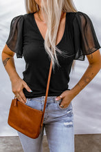 Load image into Gallery viewer, Spliced Mesh Puff Sleeve Ribbed Top
