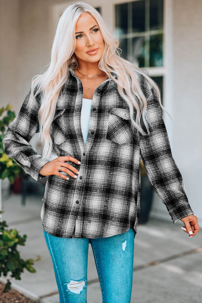 Plaid Curved Hem Button Down Shirt Jacket
