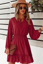 Load image into Gallery viewer, Tie Neck Smocked Waist Ruffle Hem Dress
