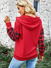 Load image into Gallery viewer, Plaid Quarter Snap Drawstring Detail Hoodie
