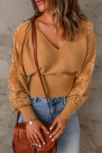 Load image into Gallery viewer, Ribbed Trim Lace Lantern Sleeve Knit Top
