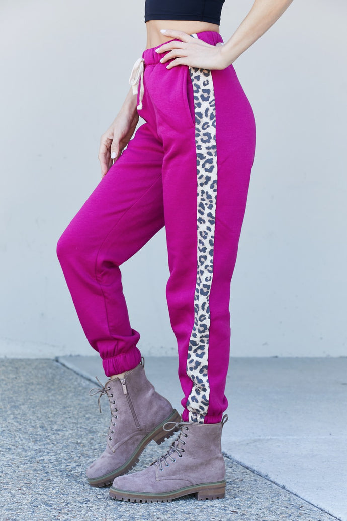 Zenana Animal Lover Full Size Leopard Panel Joggers in Magenta