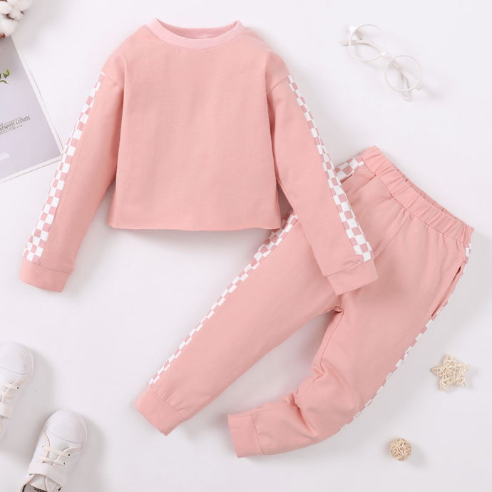 Girls Checkered Drop Shoulder Sweatshirt and Joggers Set