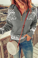 Geometric Ribbed Trim Quarter Zip Sweater