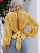 Load image into Gallery viewer, Swiss Dot Cutout Smocked Mock Neck Blouse

